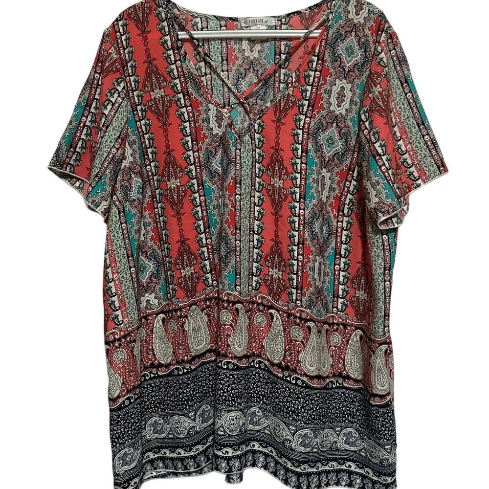 Nouvida Women's Coral Teal Short Sleeve V-Neck Criss-Cross Blouse‎ Size 2X